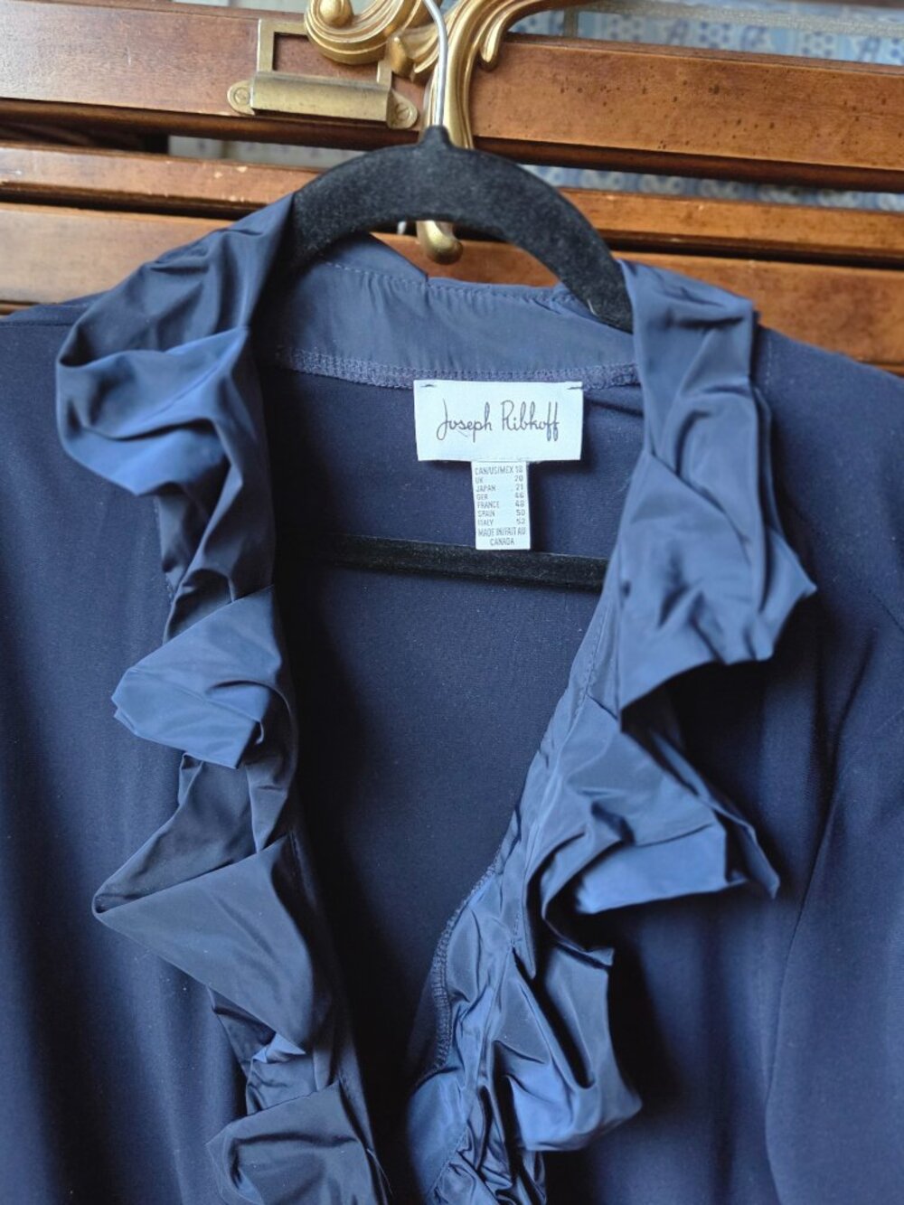 Exquisite Joseph Ribkoff Navy Ruffle Faux Wrap Top - Picture 4 of 7
